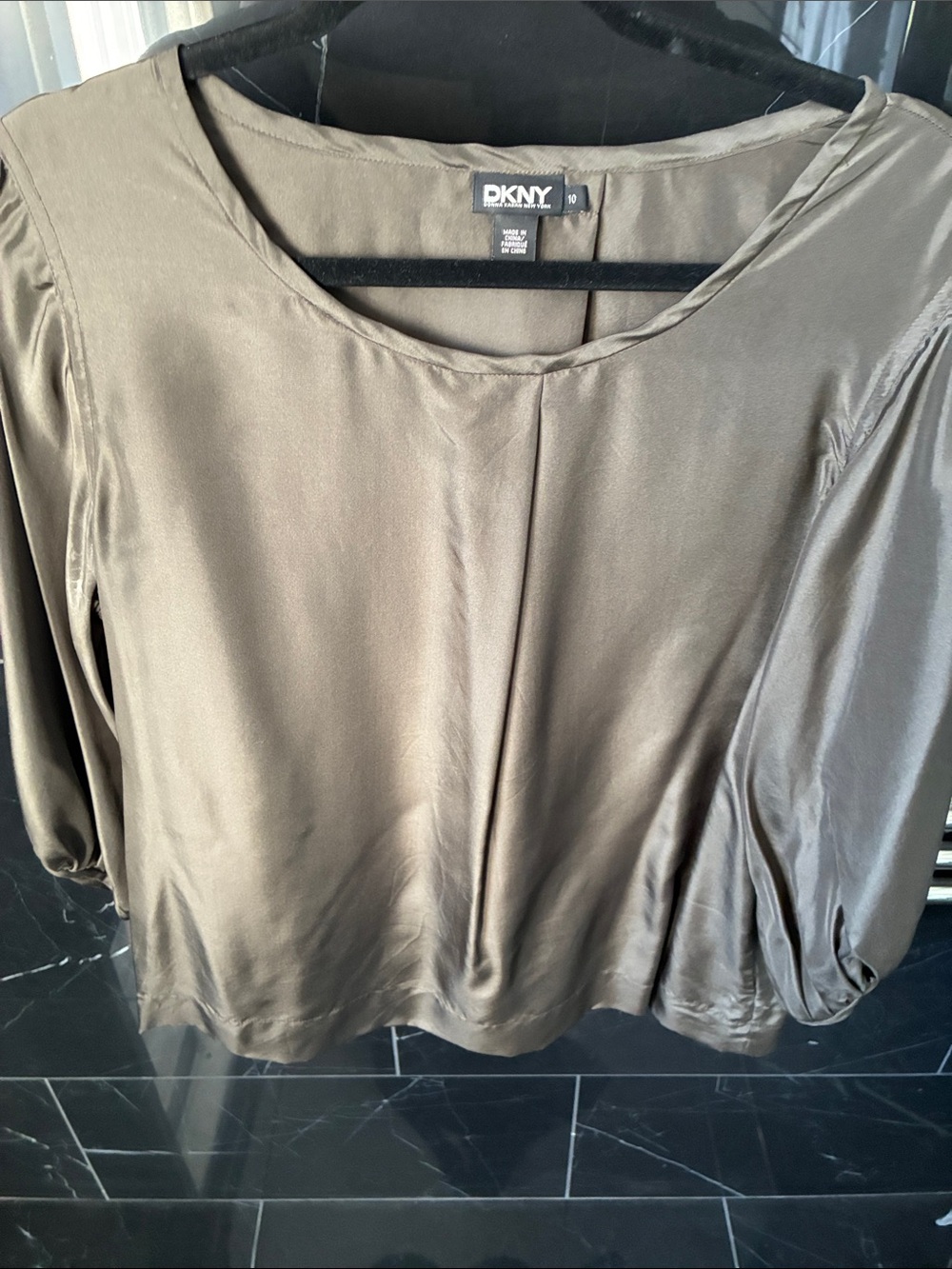 DKNY 100% Silk Olive-Tone Blouse with Pleat Front, three-quarter length sleeves